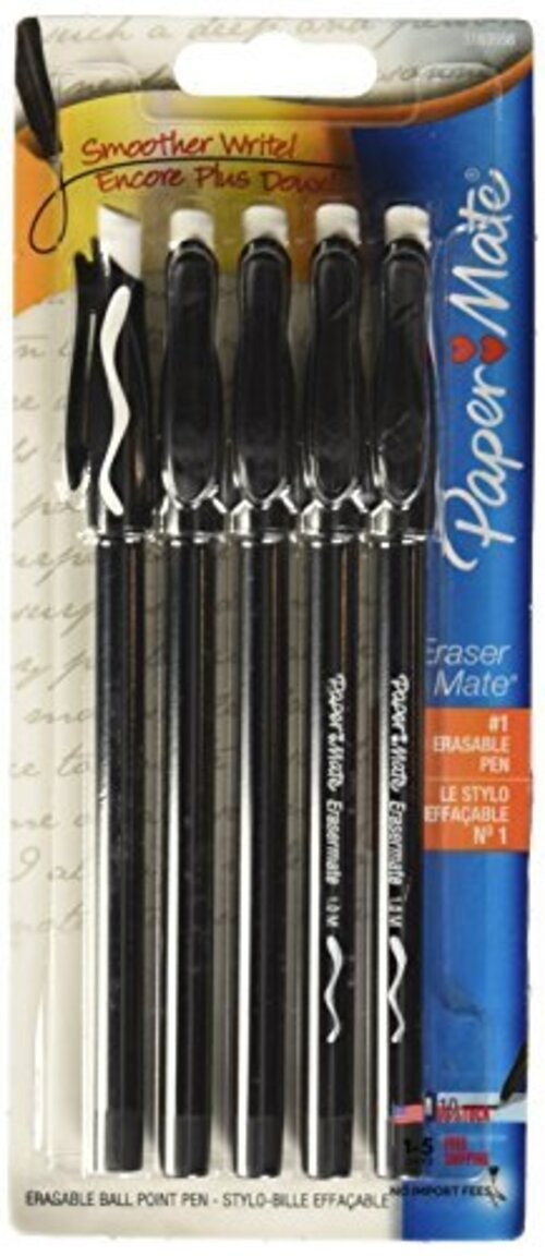Erasermate Stick Medium Tip Ballpoint Pens, 5 Ink 5 Count (Pack of 1) Black
