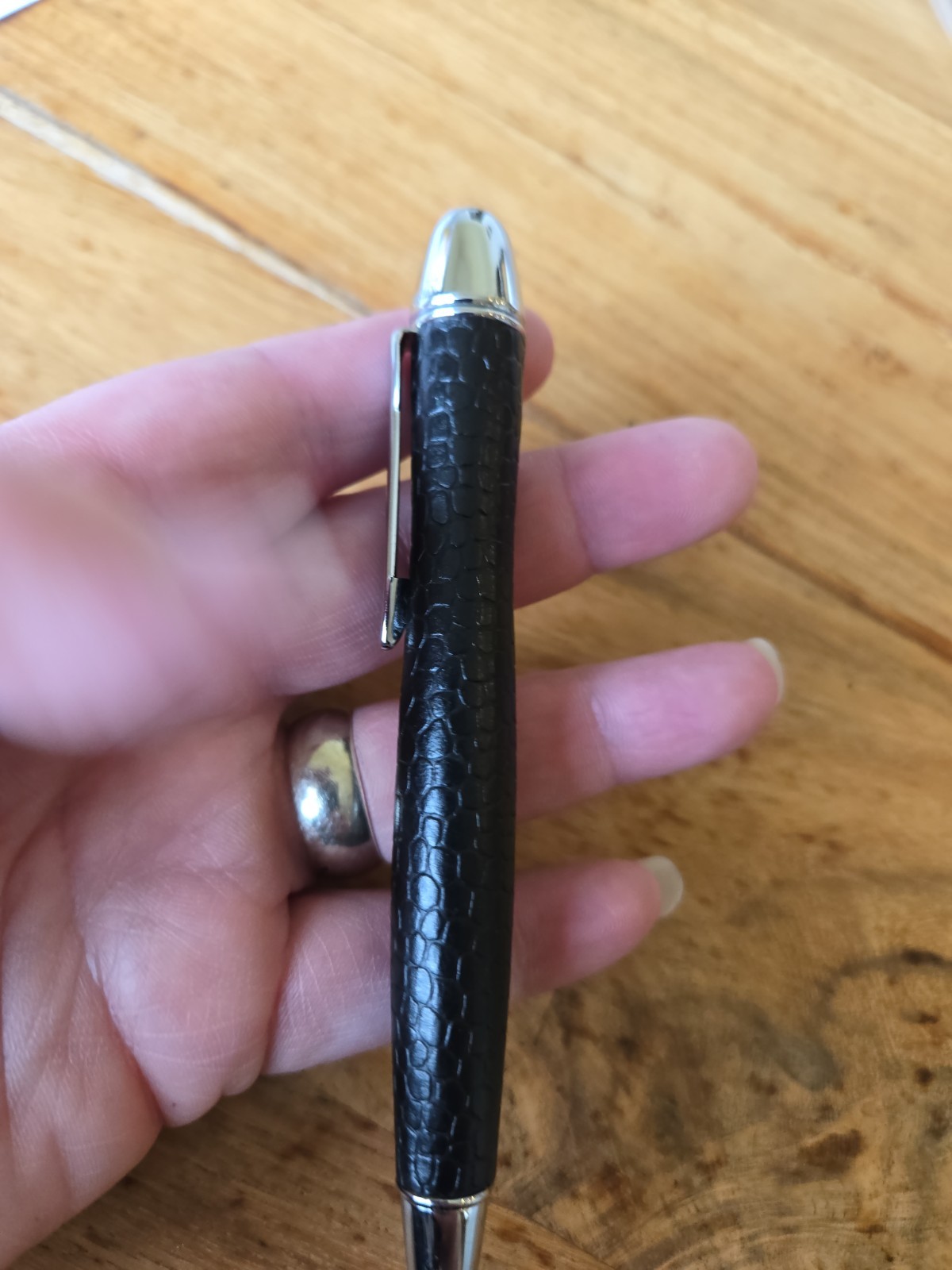YAFA LATURIA Black LEATHER COVERED BALLPOINT PEN Ink CHROME TRIM FINE BLACK