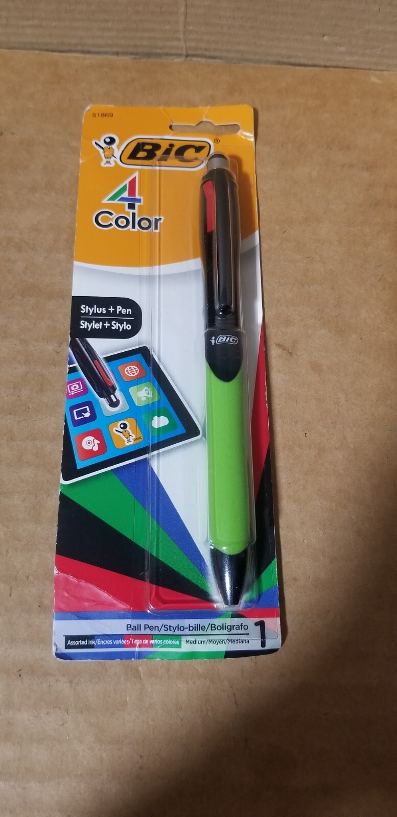 BIC 4 Color Stylus + Ball Pen Grip Medium Point Black Red Green Blue, New sealed