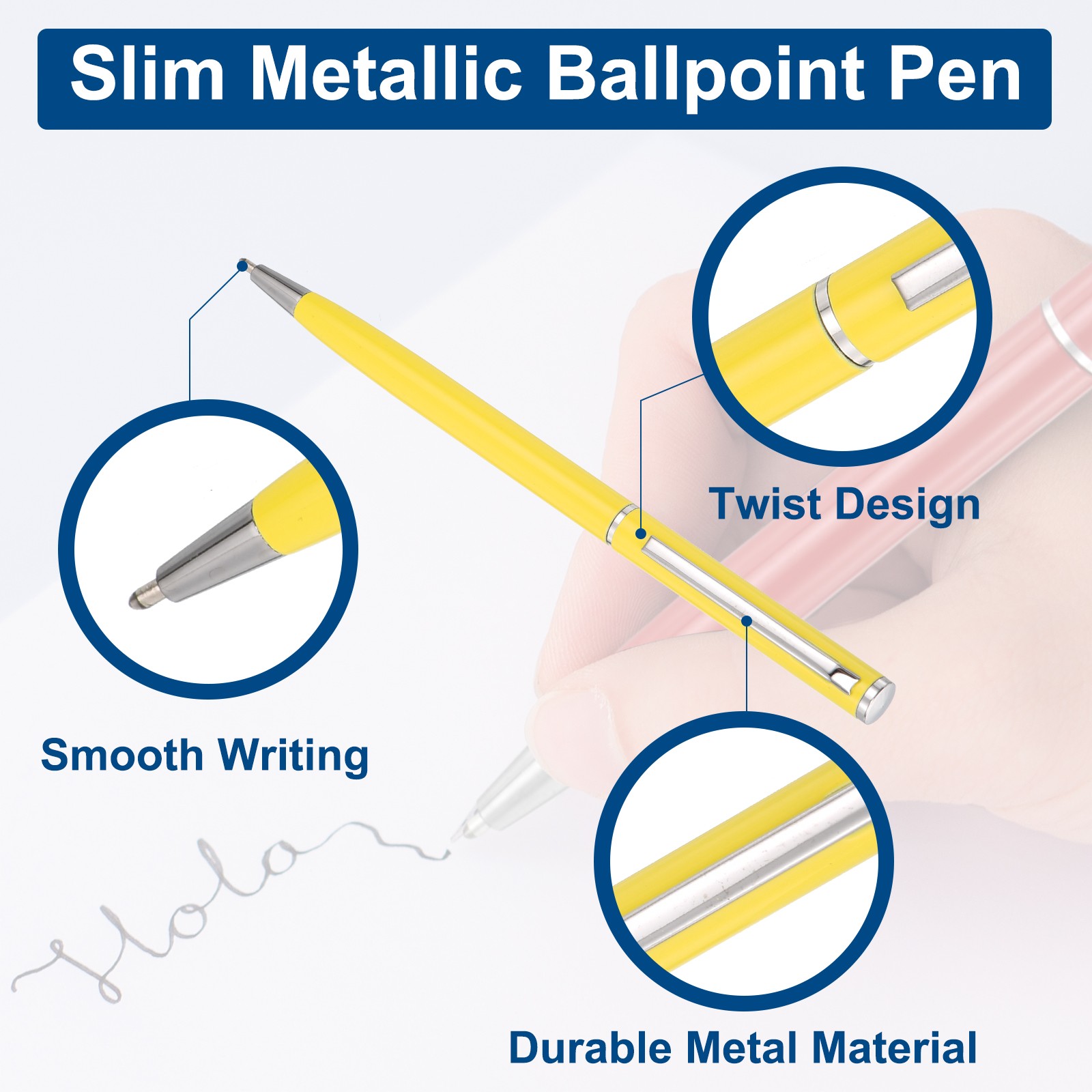 6 Pcs Slim Metallic Ballpoint Pen Black Ink 1mm Medium Point Pen Yellow