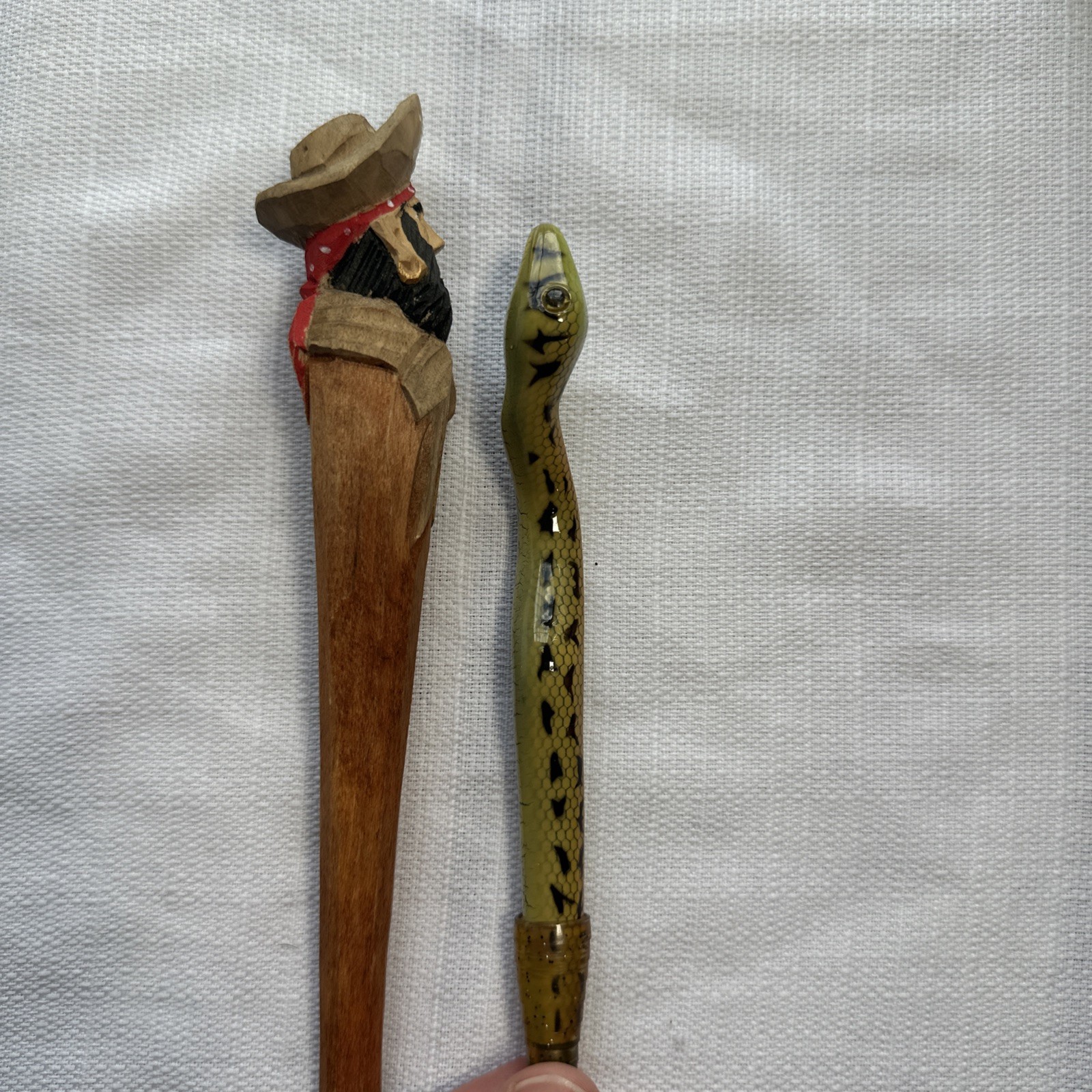Lot of 2 Vintage Carved Wood Pens – Pirate & Snake Enamel Painted Novelty