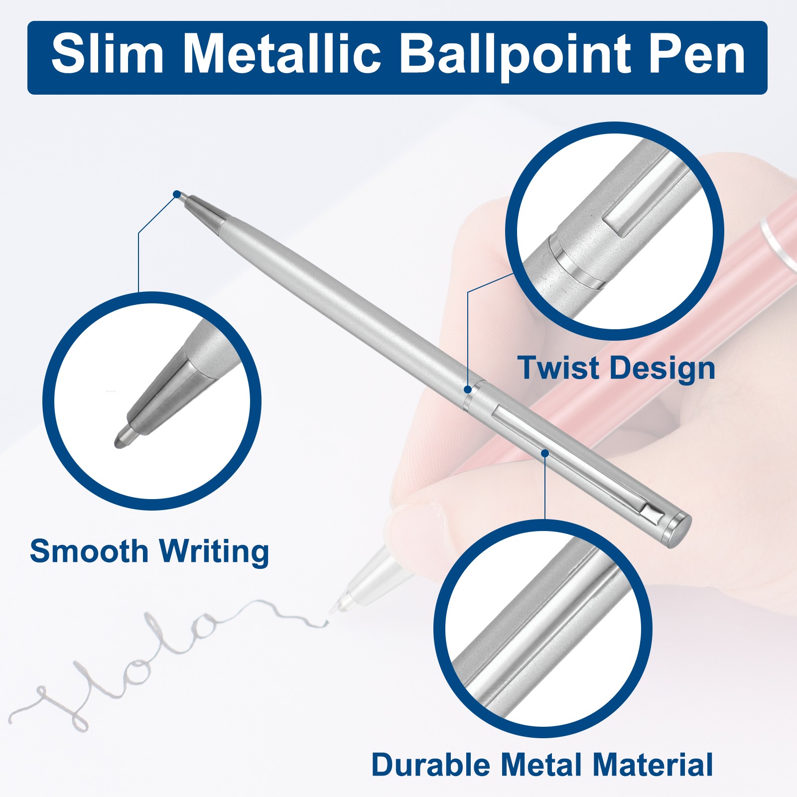 Slim Metallic Ballpoint Pen 6Pcs Black Ink 1mm Medium Point Pen Silver Tone