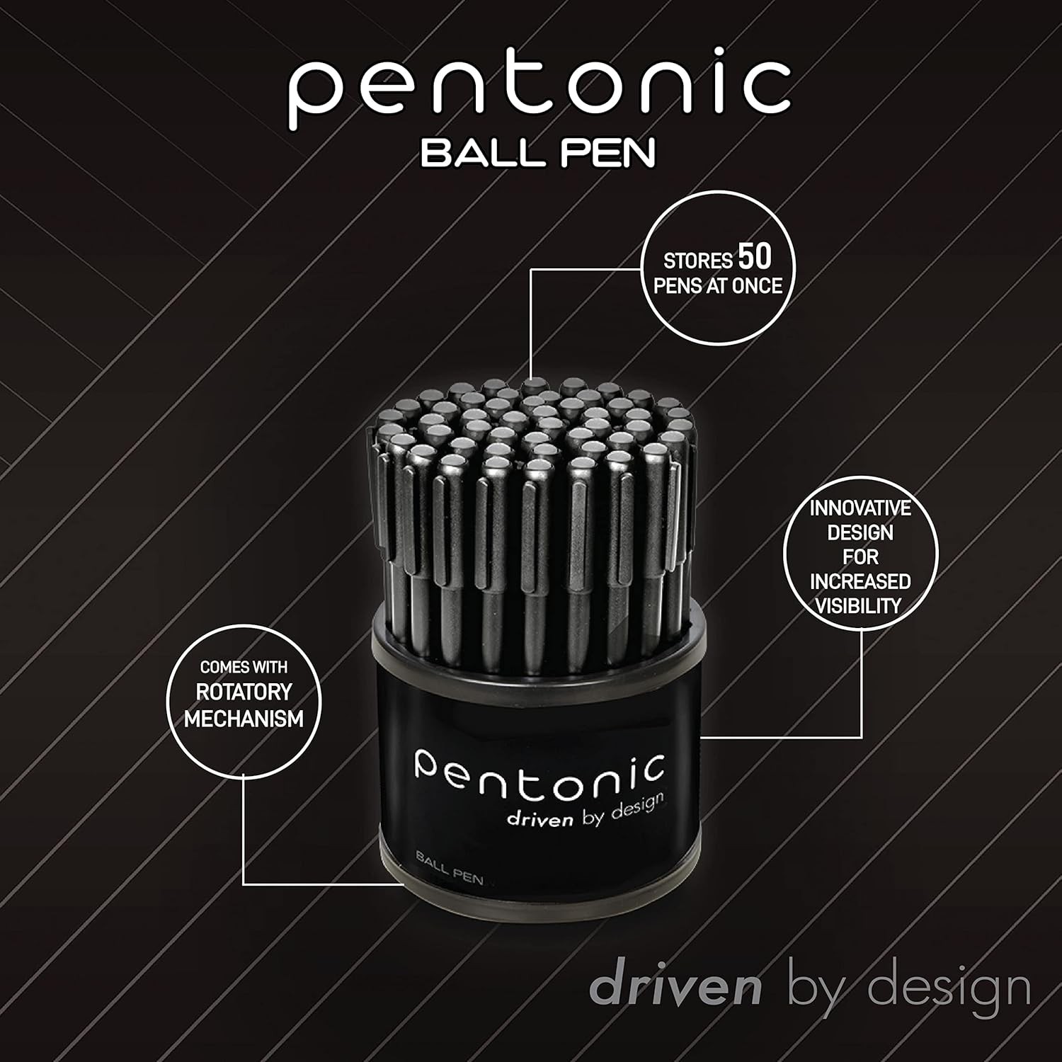 Pentonic Ballpoint Pens in Pen Organizer, Bulk 50 Count, Black Ink, 1.0 Mm Mediu