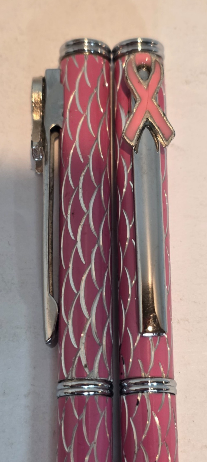 Think Pink! Breast Cancer Pens Pink Enamel Ink Pens Fishnet Ribbon