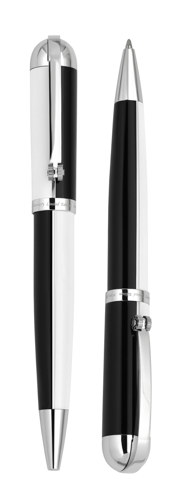 Xezo Visionary Ballpoint Pen, Black & White Enamel Colorblock. Chrome Plated