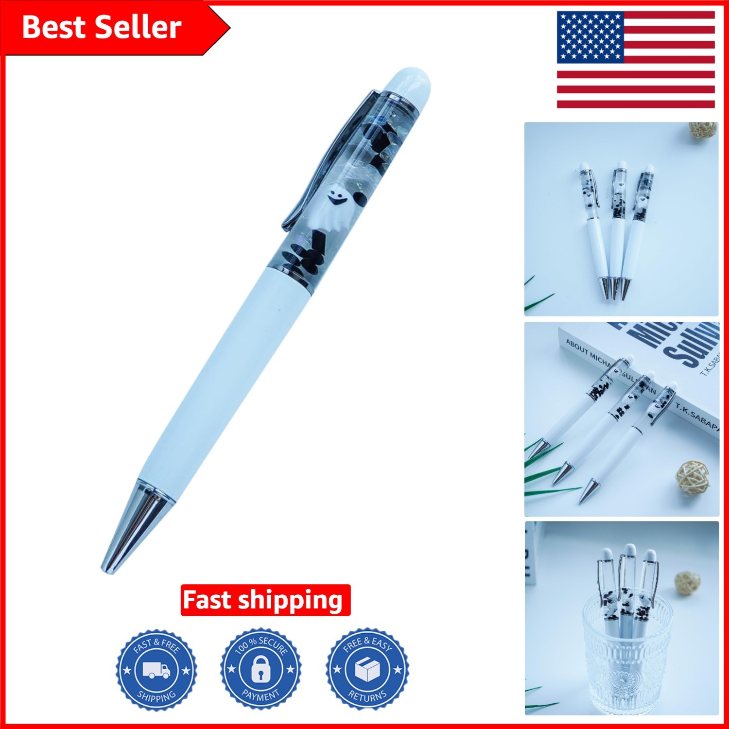 Stylish Ghost White Fun Pen with Floating Stones – Perfect Gift for All Ages
