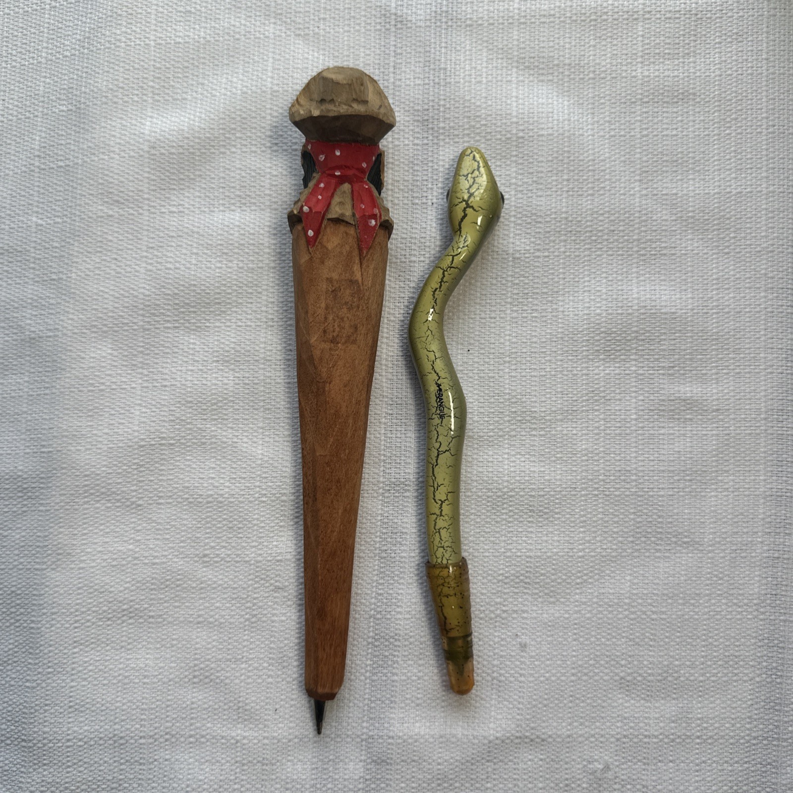 Lot of 2 Vintage Carved Wood Pens – Pirate & Snake Enamel Painted Novelty