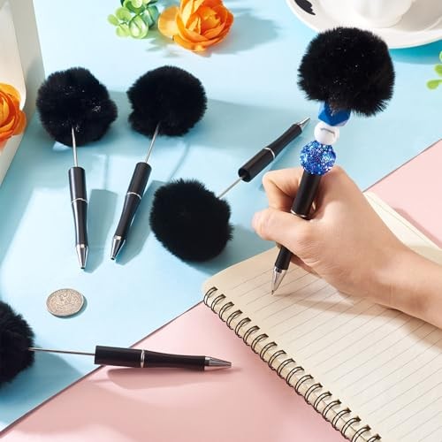 10 Pcs Fluffy Beadable Pens Plush Ball Beaded Pens,Fancy Fuzzy Pom Pom Black