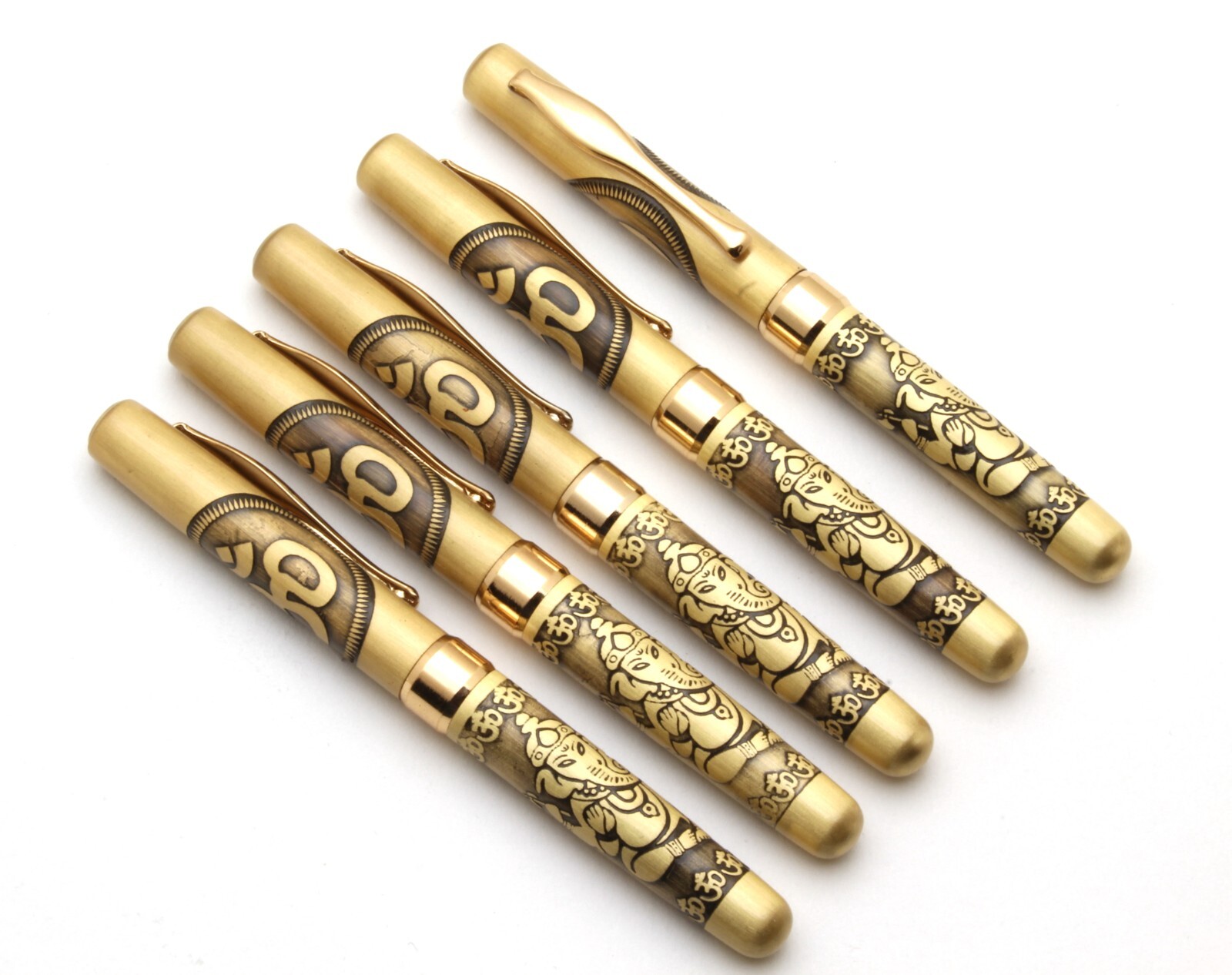 SET OF 5 Lord Ganesh & Om Engraved On Brushed Gold Body Mini Size Ballpoint Pen