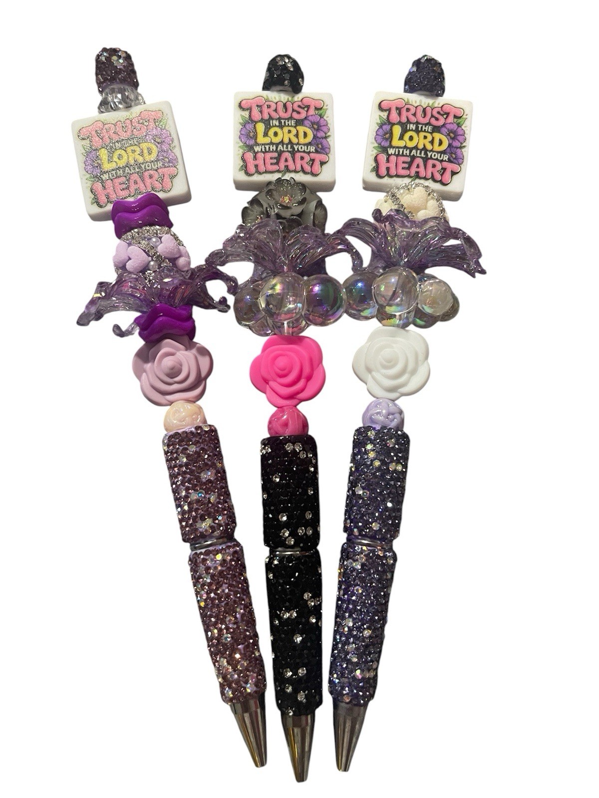 Decorative Beaded Charm Novelty Ballpoint Pens Lot, Glitter, Multicolor Ink