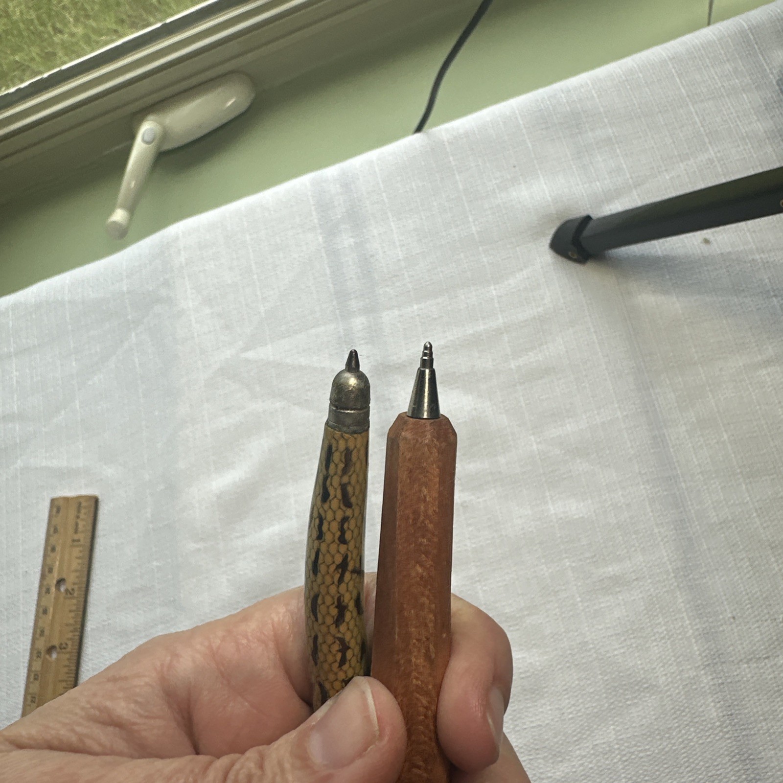 Lot of 2 Vintage Carved Wood Pens – Pirate & Snake Enamel Painted Novelty