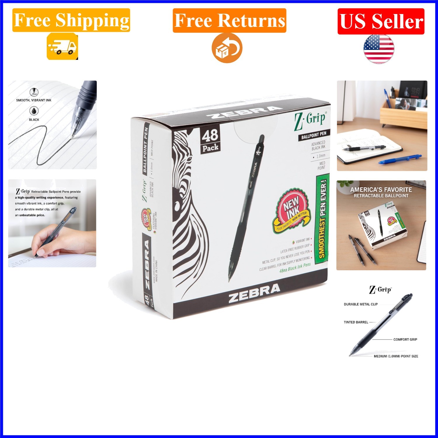Z-Grip Retractable Ballpoint Pens, 48 Black, 1.0mm Medium, Ergonomic