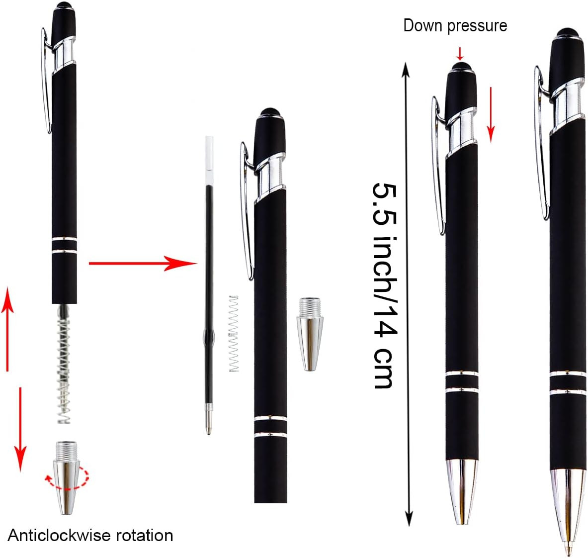 12-Piece Black Ballpoint Pen with Stylus Tip, 2 in 1 Stylish Metal Touch Scre…