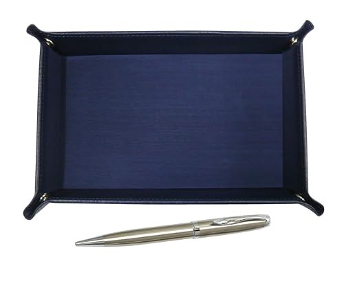Japanese-made textured cowhide leather pen tray (blue) with elegant silver