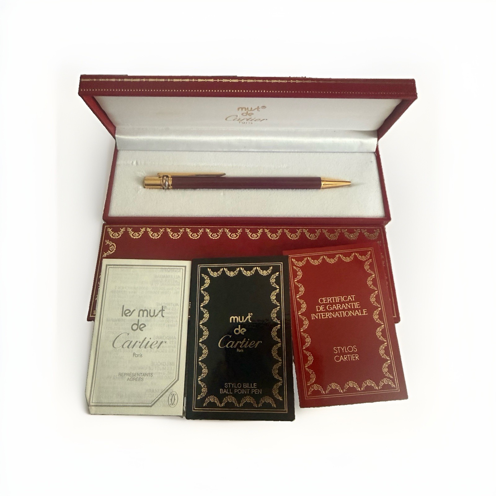 Vintage 1988 Cartier Must de Cartier Red Enamel Trinity Pen Complete Set RARE