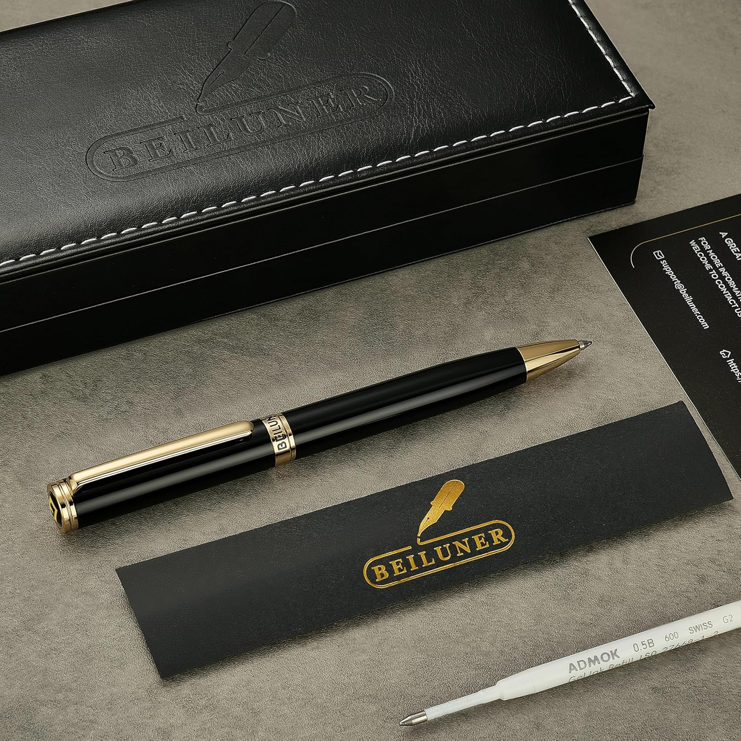BEILUNER Luxury Gel Pen with 24K Gold Finish, Black Piano Lacquer, Luxury Grade