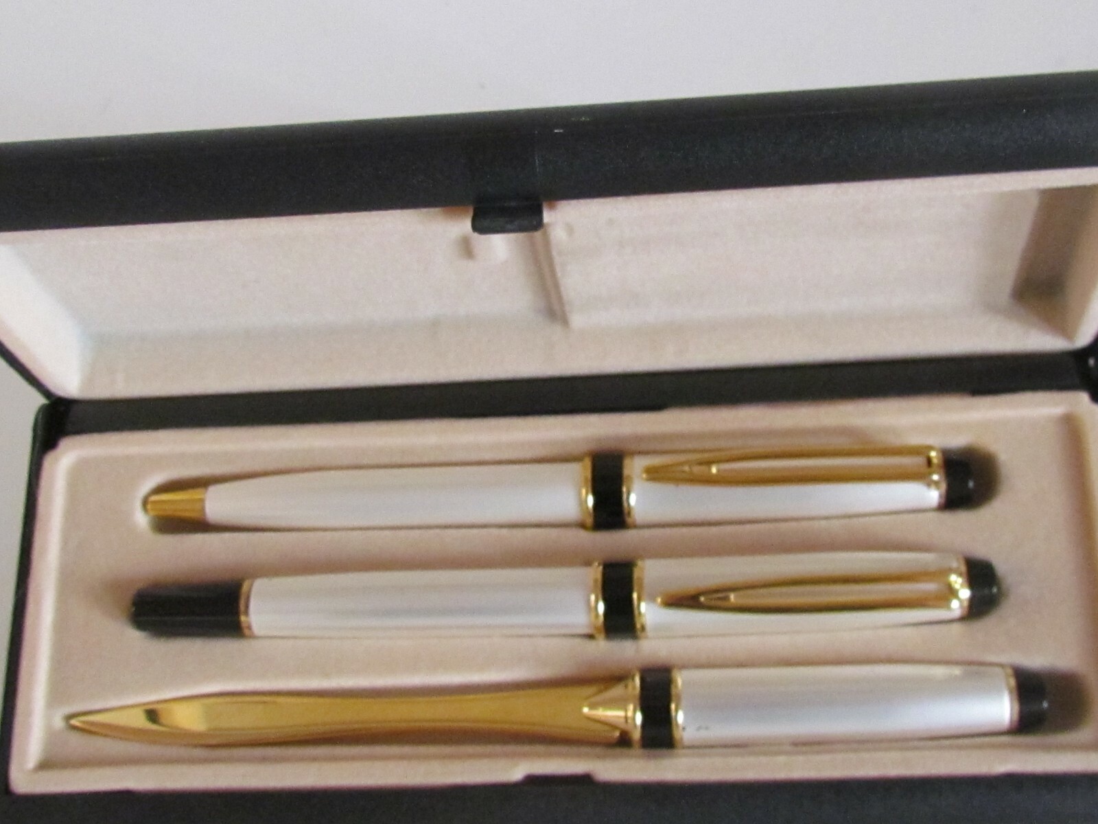 Unisex Pen/Letter Opener White Metallic Gold Tone/Black Detail in Box
