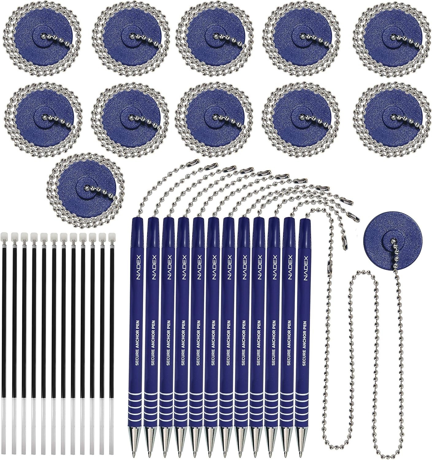 Blue Security Pen Set: 12 Refillable Pens with Safety Chains and Mounts Included