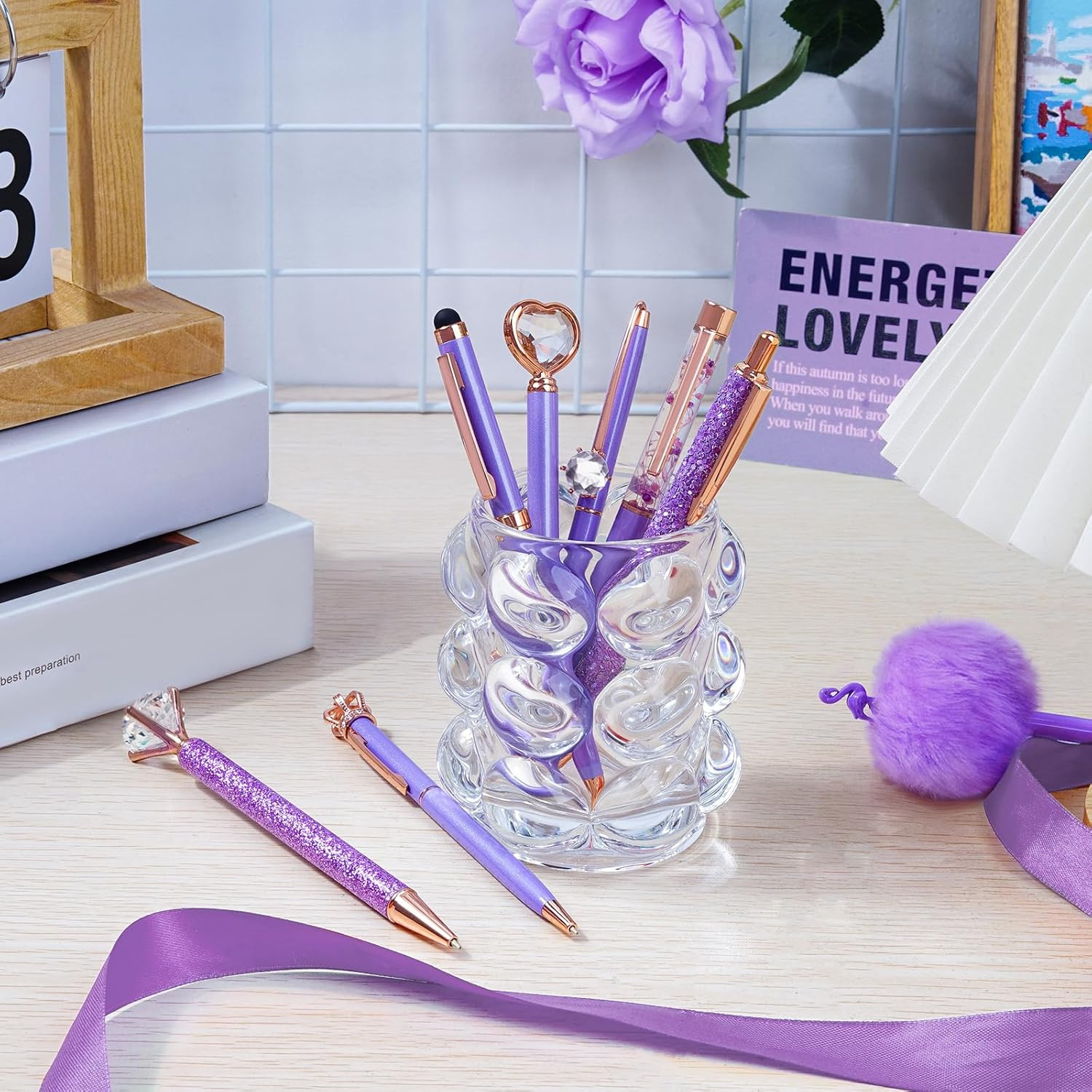 8Pcs Purple Pens, Metal Crystal Diamond Pens with Black & Blue Ink | Fancy Pens