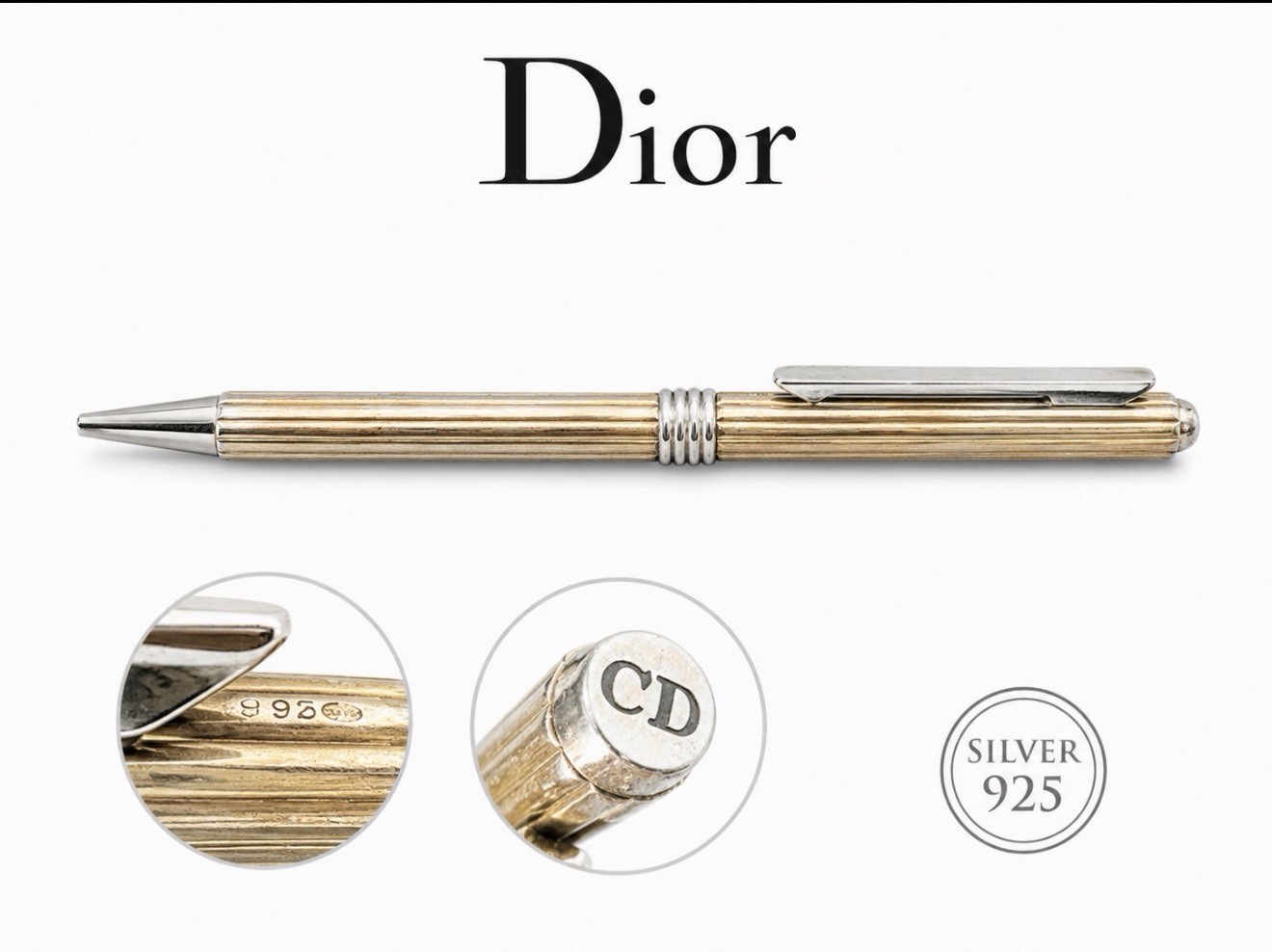 Dior Ballpoint Pen Solid SILVER 925 Rotating Writes Vintage