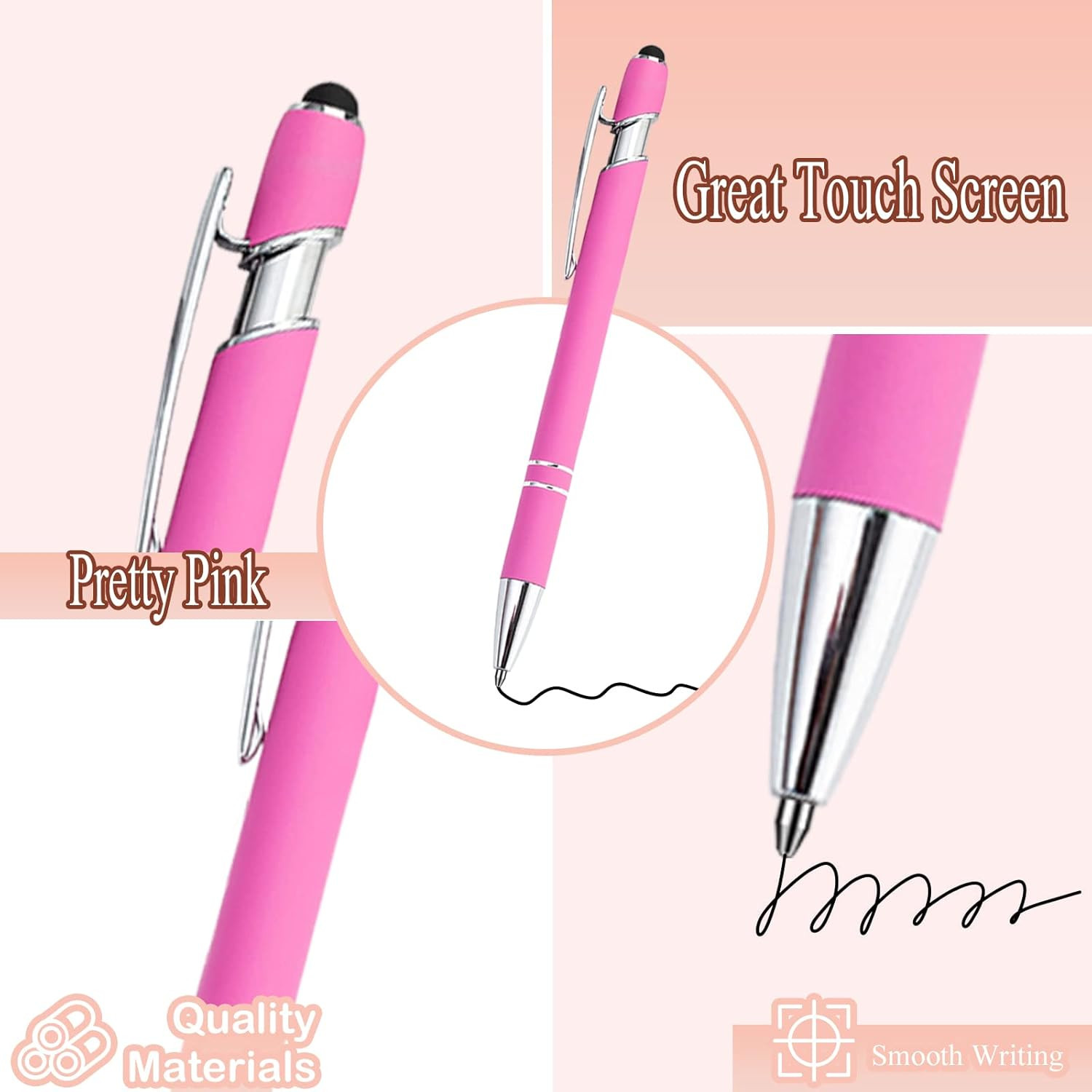 PASISIBICK 12 Pieces Pink Ballpoint Pen with Stylus Tip, 2 in 1 Stylus Stylish P