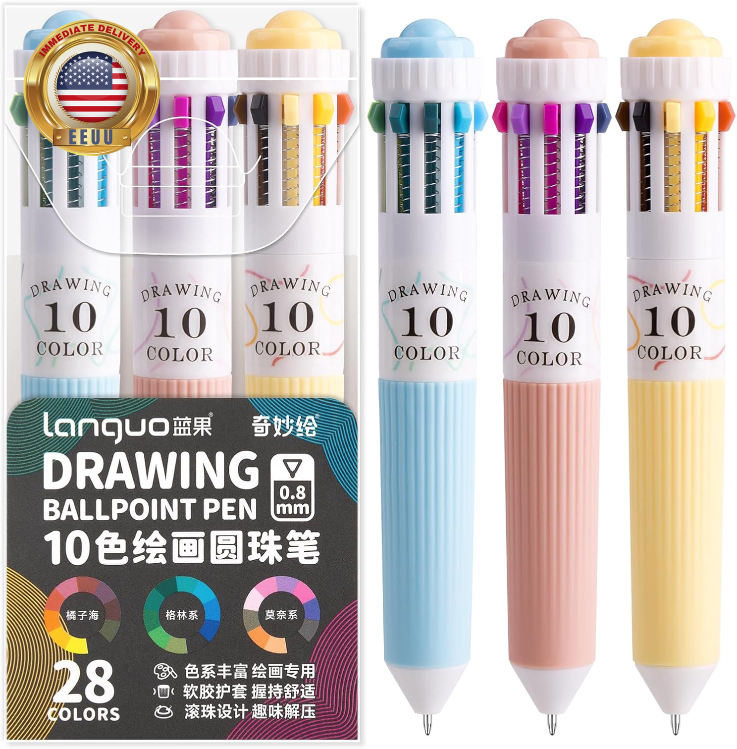 3 Pack Multicolor Pens, 10-In-1 Colored Ballpoint Pen, 28 Colors, 0.8Mm Fine Poi