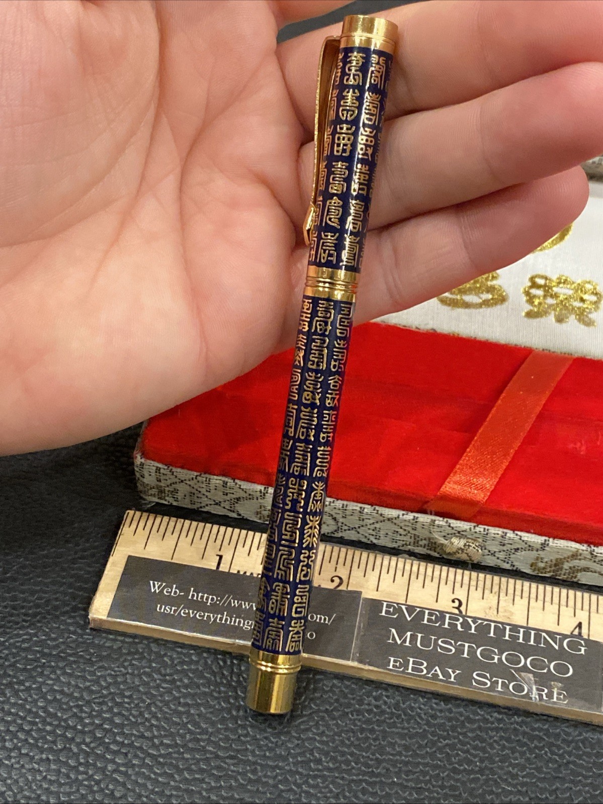 Vtg Chinese China Taraku Ballpoint Chinese Poem Lettering Gold Tone Pocket Clip
