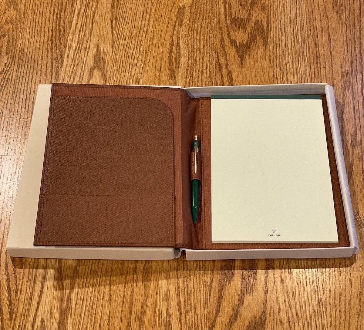 Rolex Brown Leather Portfolio NoteBook with Green Rolex Caran d’Ache Pen