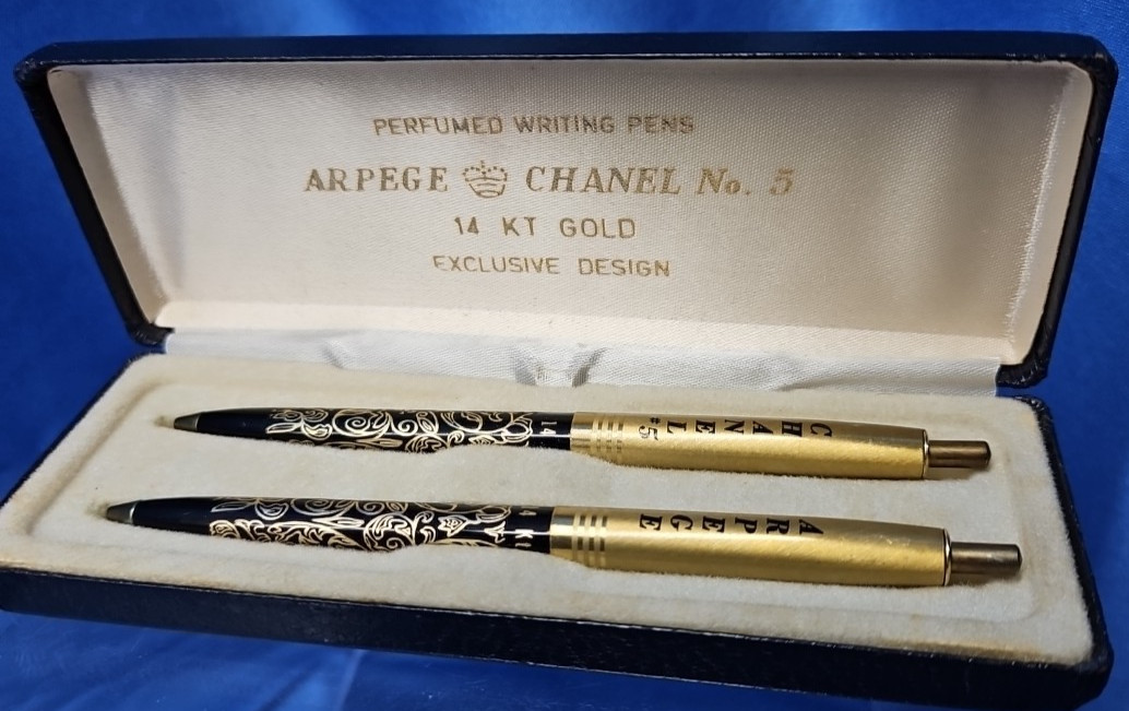 Chanel No.5 Arpege 14K Gold Filigree Perfumed Ballpoint Pen Set in Box VTG