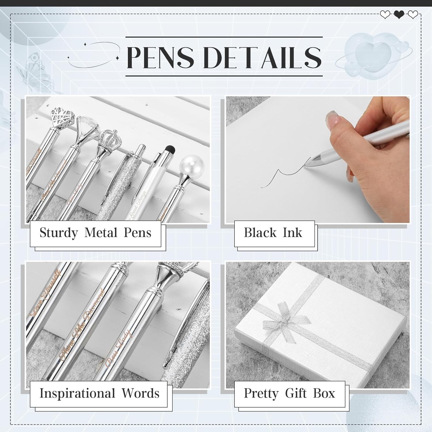 6 Pcs Crystal Diamond Ballpoint Pens for Women Girls Journaling Gifts Silver