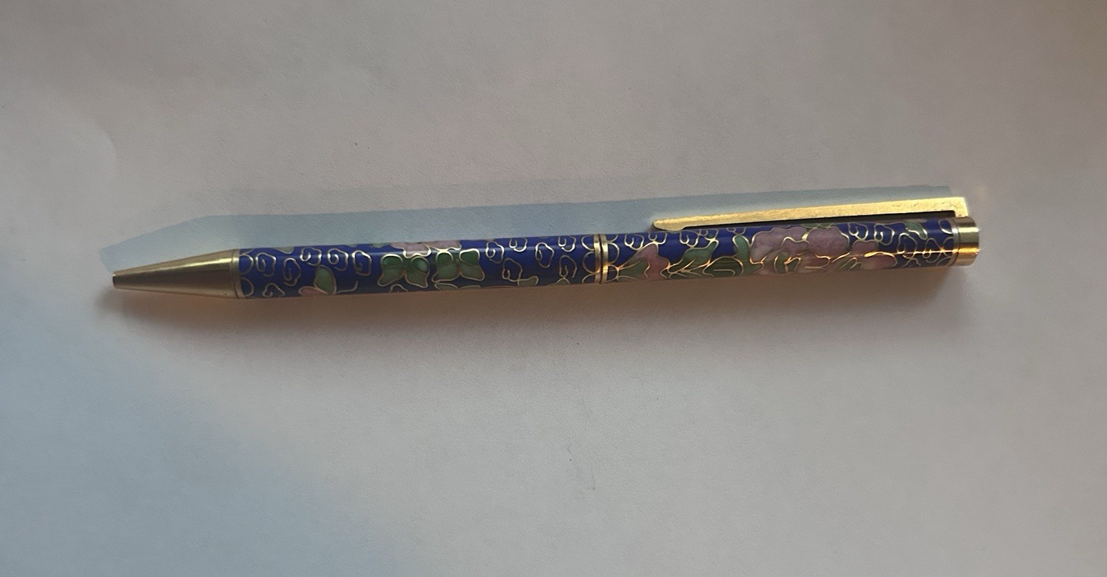 Vintage Chinese Cloisonné Ballpoint Pen Blue Floral Enamel Gold Tone Collectible