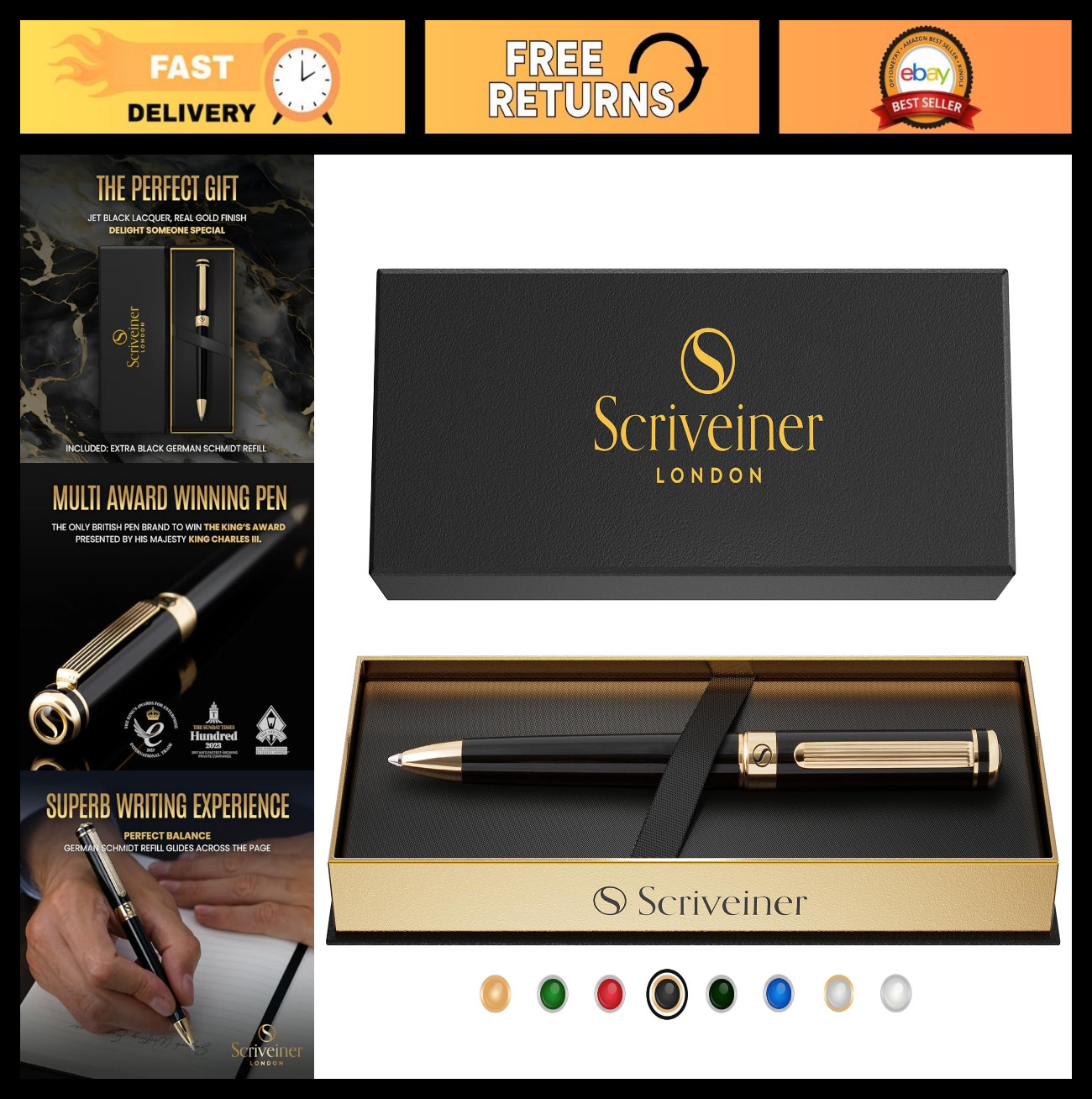 Luxury Black Lacquer Ballpoint Pen – Real Gold Plating, Schmidt Refill, Gift Set