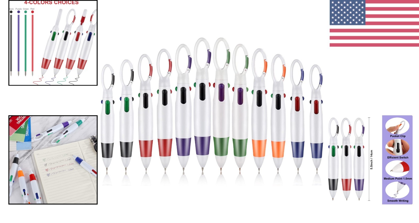 12 Count Retractable 4-in-1 Multicolor Ballpoint Pens with Carabiner Clip