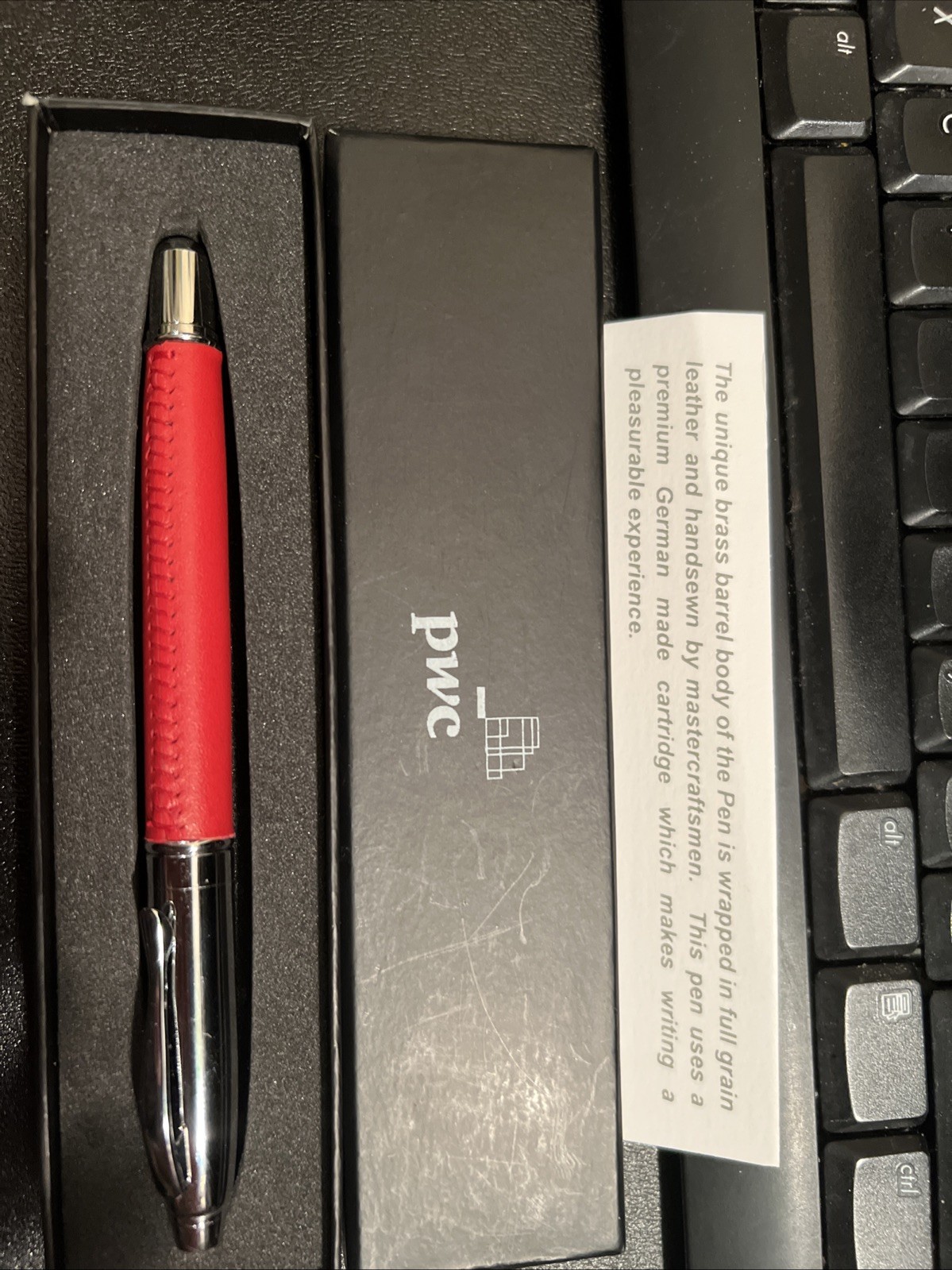 PWC Pricewaterhousecoopers Executive Ballpoint Pen Red Leather Grip Dry Ink