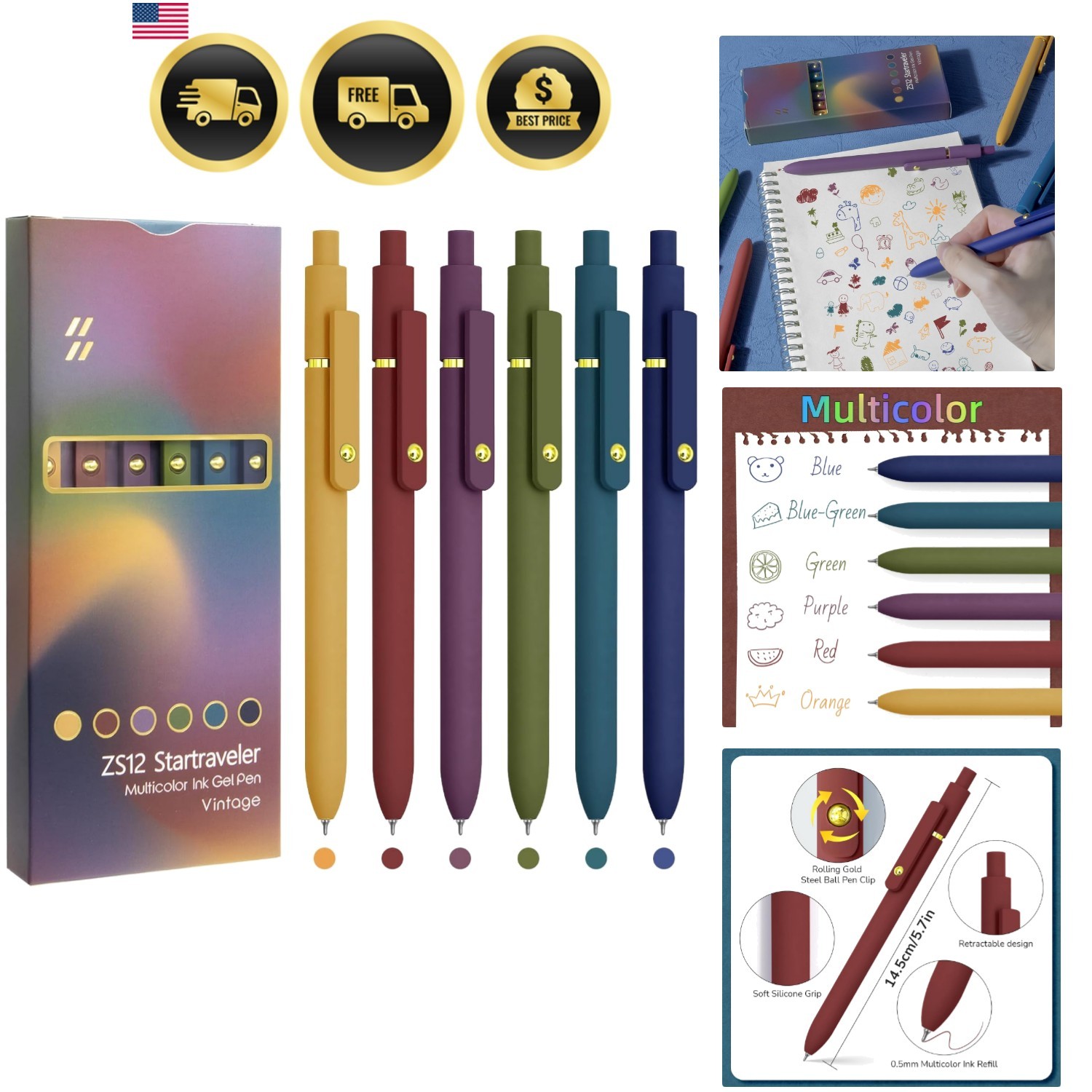 Colorful Pens, 6 Pcs Colored Pens Fine Point Smooth Writing Pen, 0.5mm Colore…