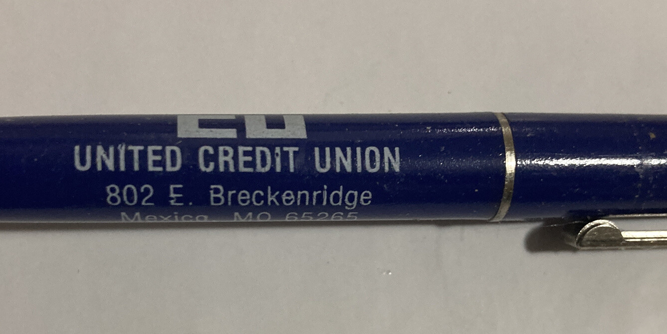 Vintage MO MEXICO UNITED CREDIT UNION UCU BLUE Advertising Pen NO Ink