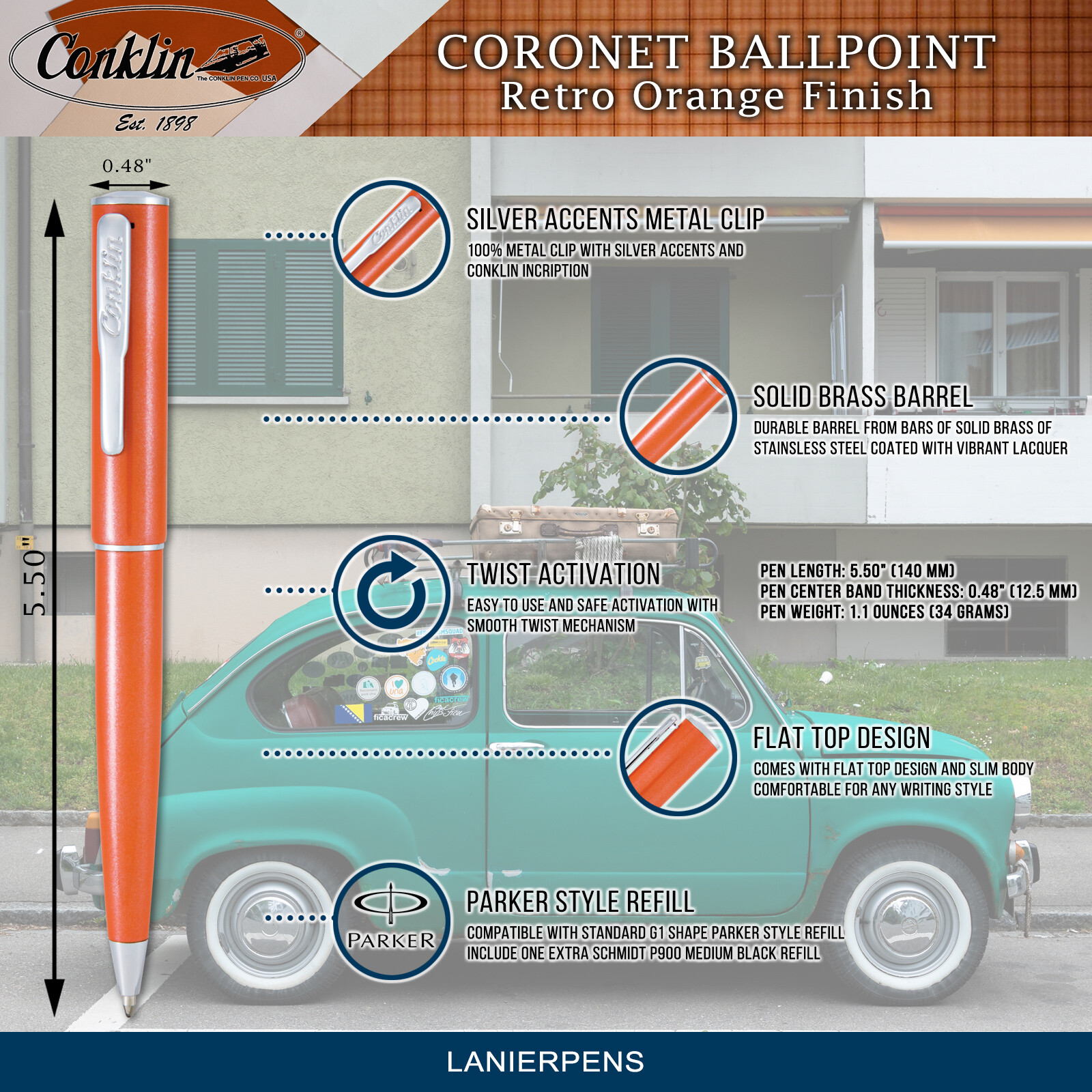 Conklin Coronet (Ballpoint & Fountain) Pen Set- Orange With Medium Tip