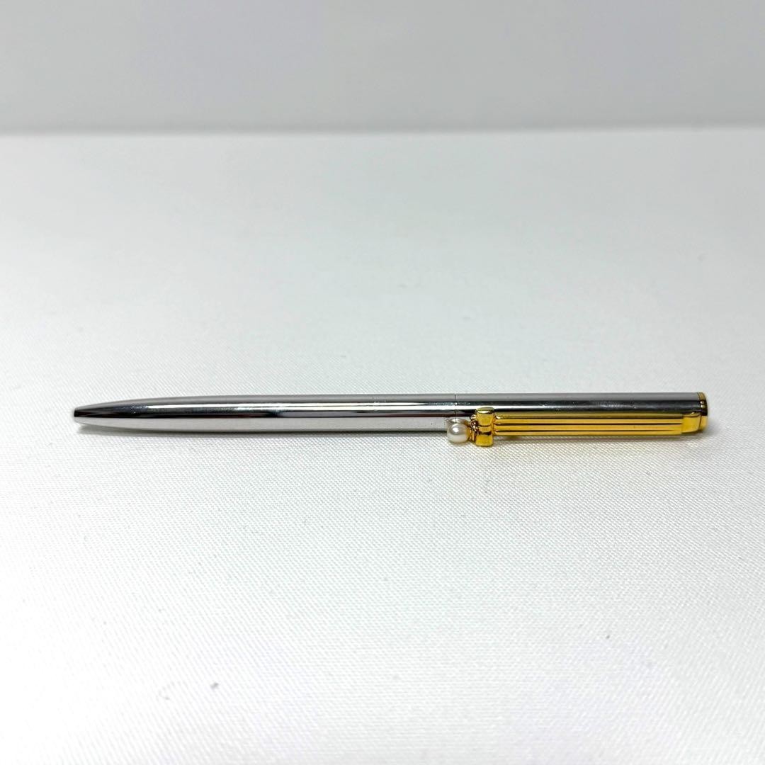MIKIMOTO Pearl Ballpoint Pen Silver Gold Ribbon Motif Medium Nib Used