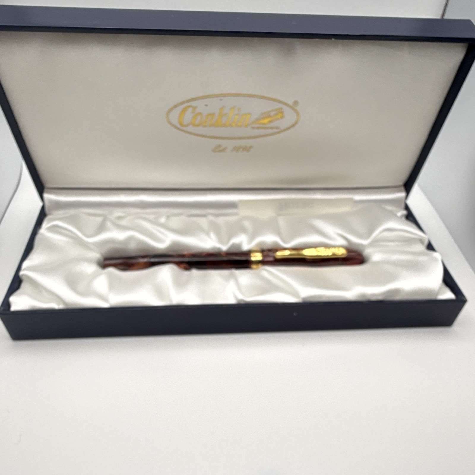 Conklin Brown Marbled Resin Ballpoint Pen Gold Trim Black Ink w/ Box