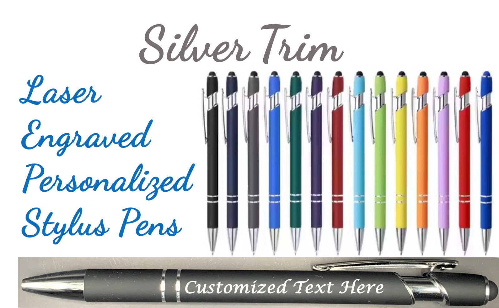 Personalized Silver Trim Laser Engraved Stylus Pens