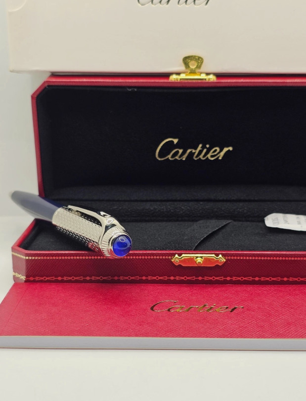 Cartier Guilloche Iced Blue Lacquer Ballpoint Pen Silver Trim Luxury Gift Box