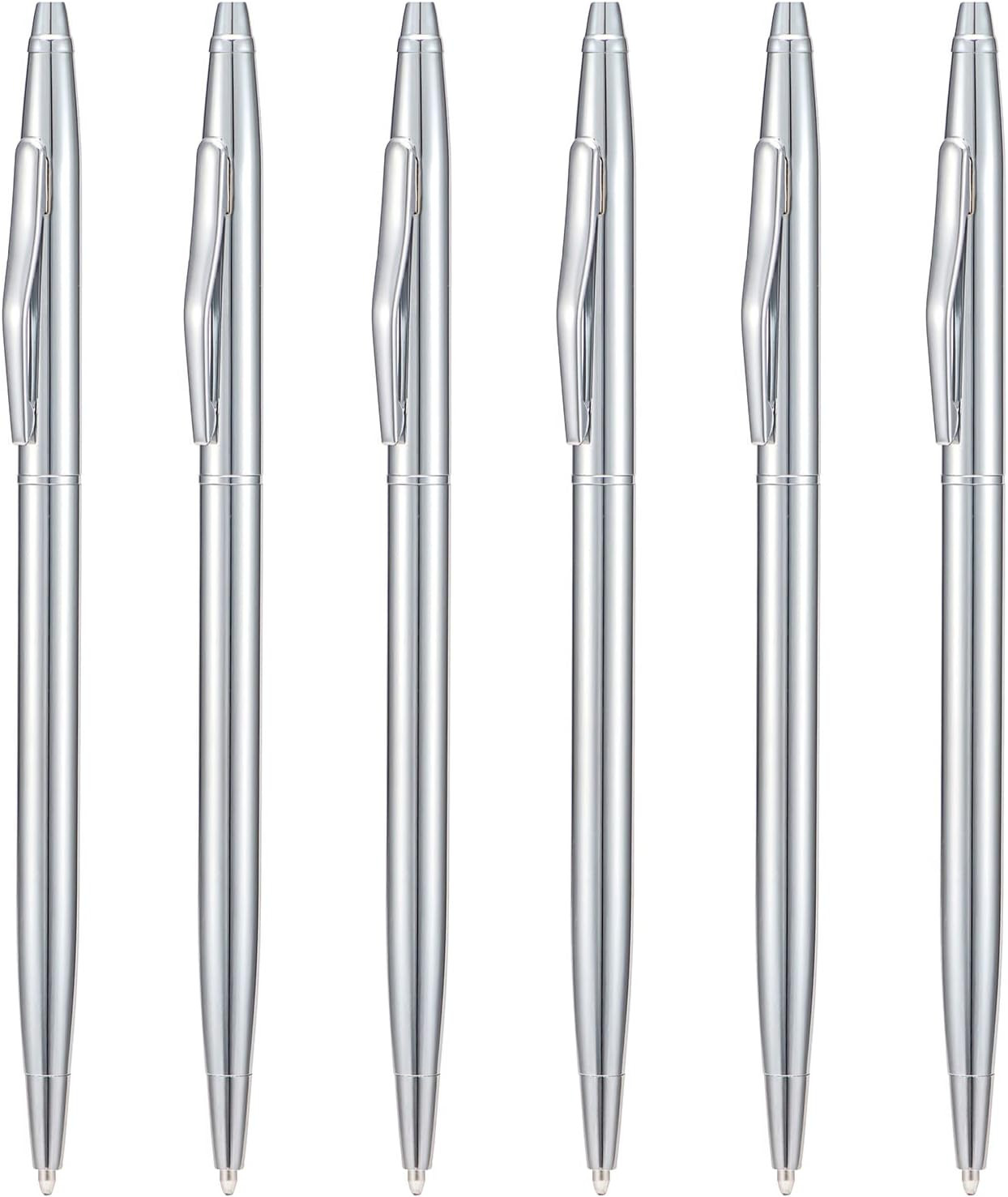 6 Pieces Silver Slim Metal Ballpoint Pen, 1Mm Medium Point Black Ink Smooth Wri