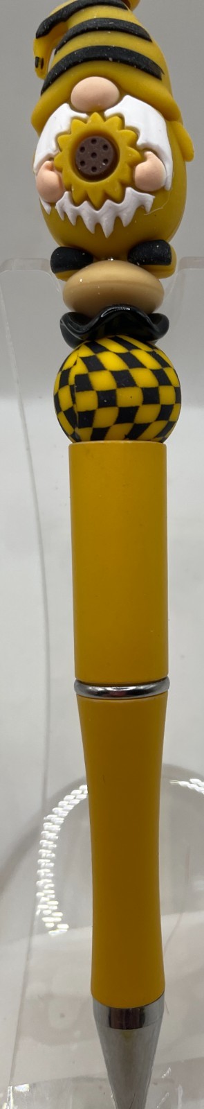 Beaded Pen,gnome Holding Sunflower.yellow,black And Checked Bead,yellow Pen