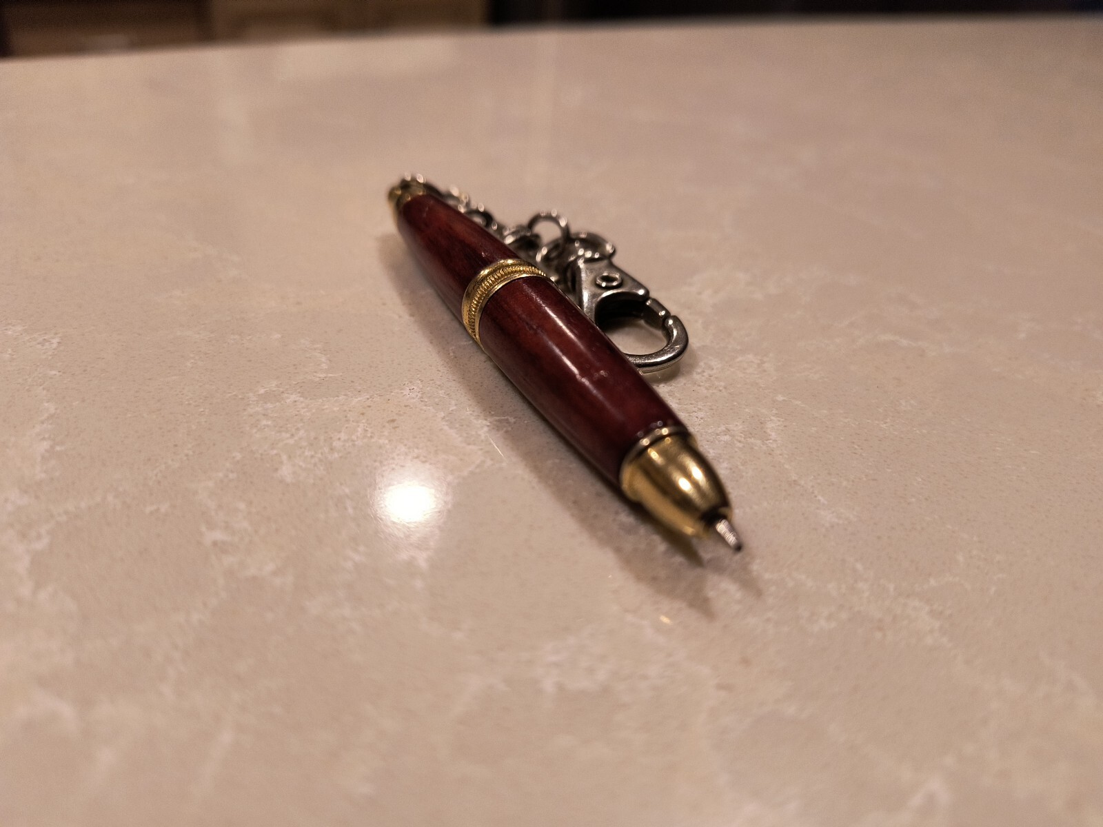 Rose Wood Mini Twist Pen, Pocket-Size With Chain & Clasp, Working Condition.