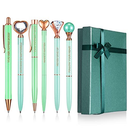 6 Pcs Inspirational Pen Set for Women Gift Diamond Pens with Crystal Green