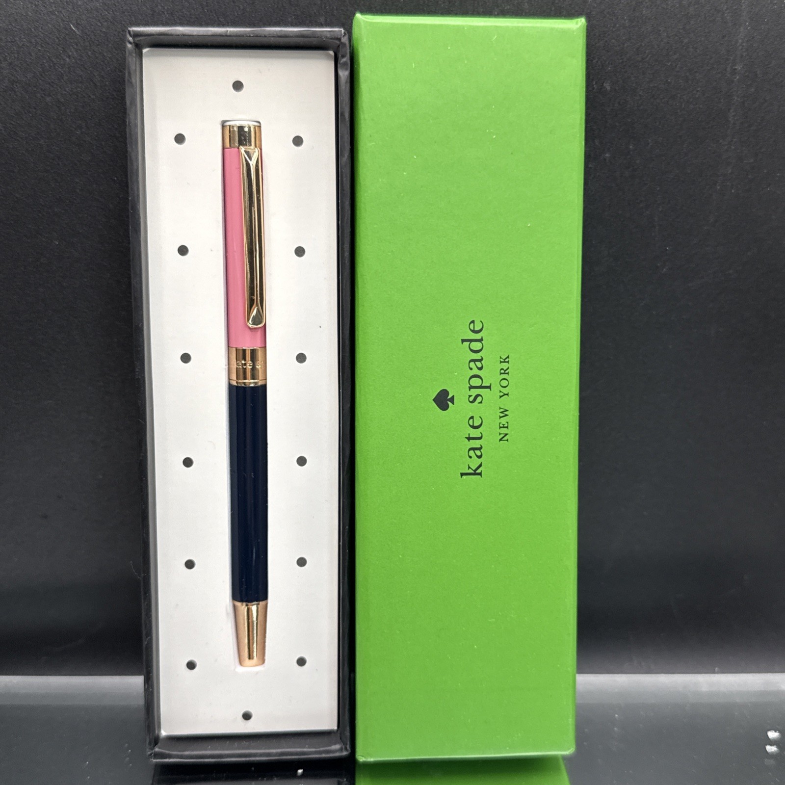 Kate Spade New York Black ink Ballpoint Pen Pink & Navy Colorblock Snap Cap pen