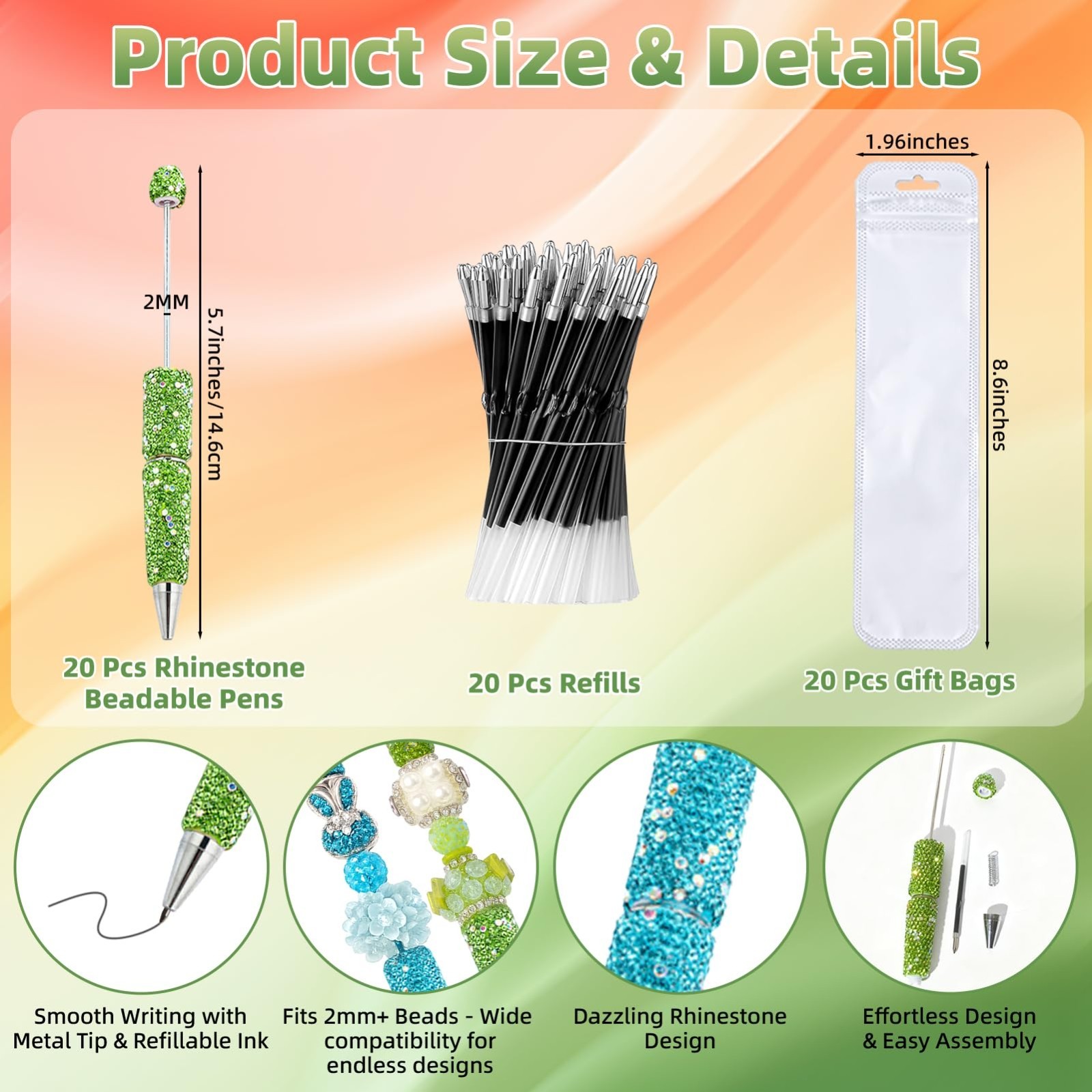 60 Pcs Beaded Pens Set – 20 Diamond Ballpoint Pens with Refills & Bags, DIY Craf