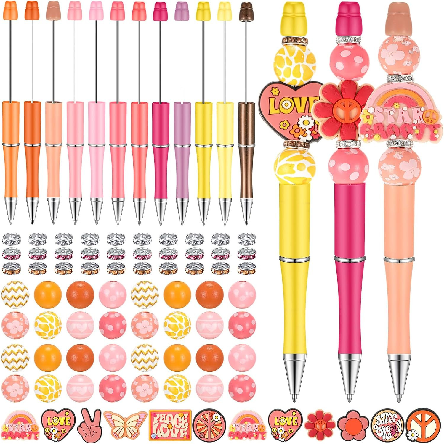 12 Set Plastic Beadable Pens Assorted Bead Pens Crystal Wood round Spacer