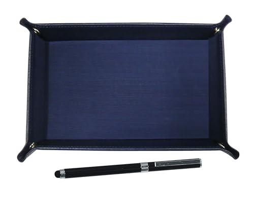 Japanese-made textured cowhide leather pen tray (blue) with smartphone-touch