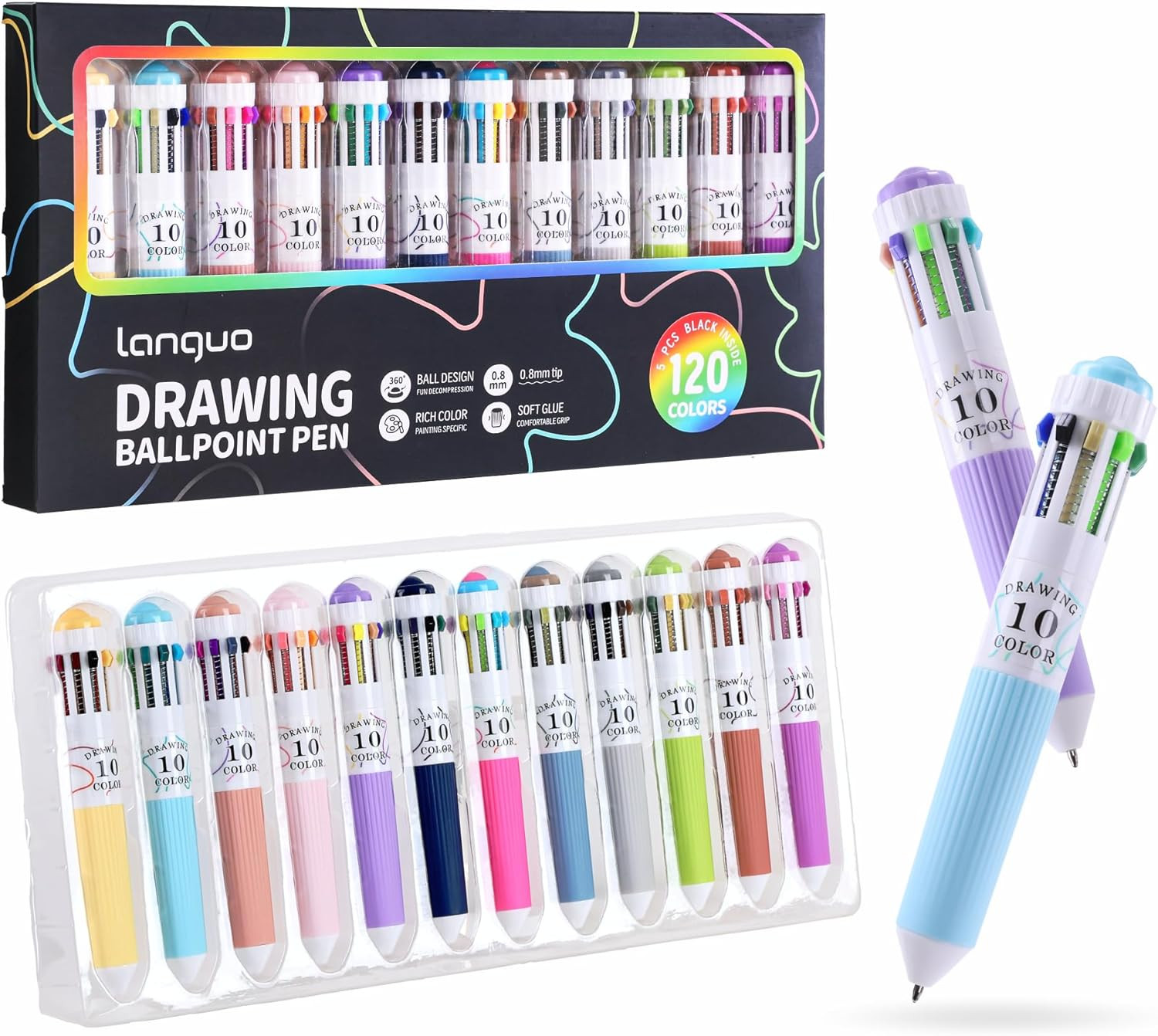 120 Colors Multicolor Pen, 12PCS 10-In-1 Multicolor Ballpoint Pen Set, 0.8Mm Tip
